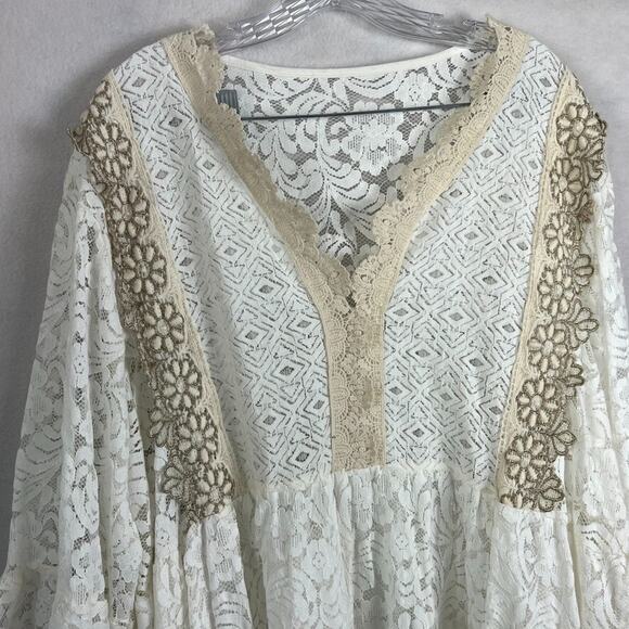 Via Veneto Midi Dress Women's Vintage Ivory Lace V-neck Flare Sleeves Boho Fairy - Picture 3 of 12